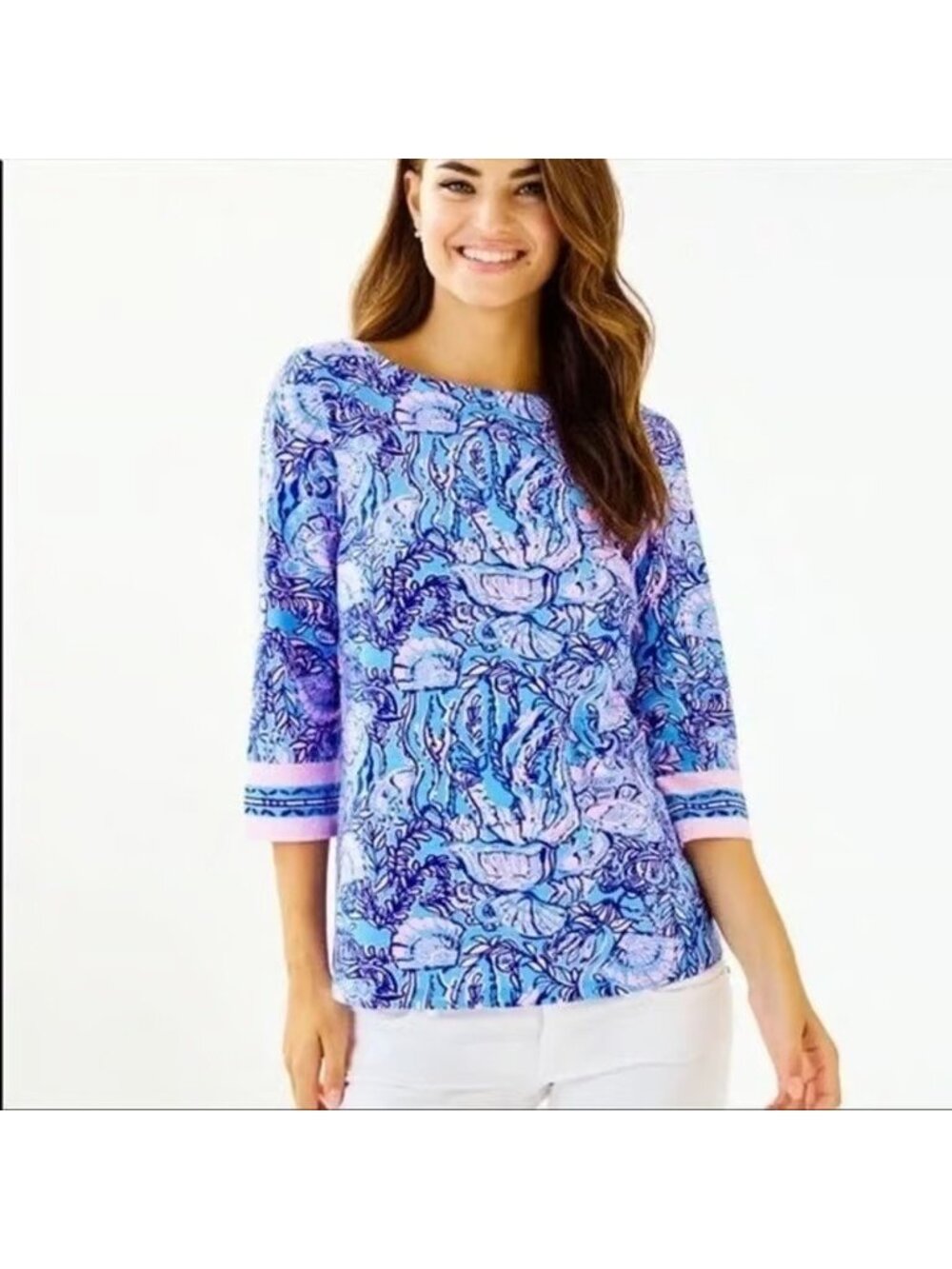 Lilly Pulitzer XS Waverly Top Tee 3/4 Sleeve Lapis Lazuli Horseshoe Bay